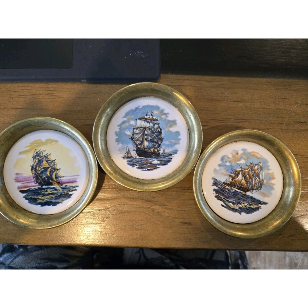 Vintage PM Ltd USA Ships Nautical Mariner 6 1/4" Brass Tile Wall Display S/3
